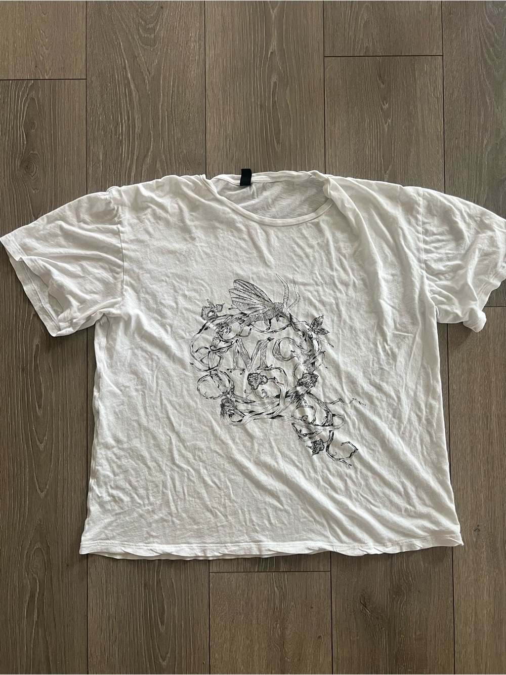 Alexander McQueen White Crewneck T-Shirt with Black Botanical Graphic